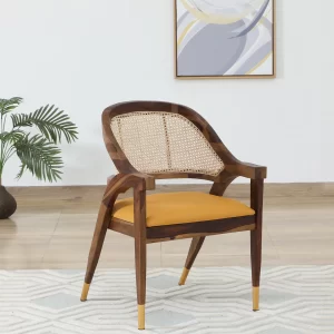 Solid Wood Cane Back Armchair with Upholstered Seat