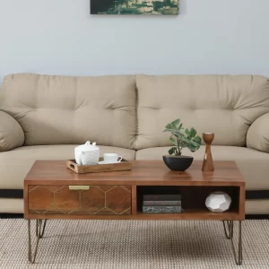 Solid Wood Coffee Table with Drawer & Open Shelf