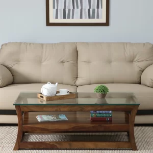 Solid Wood Glass Top Console Table with Open Shelf