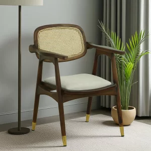 Solid Wood Cane Back Armchair with Cushioned Seat