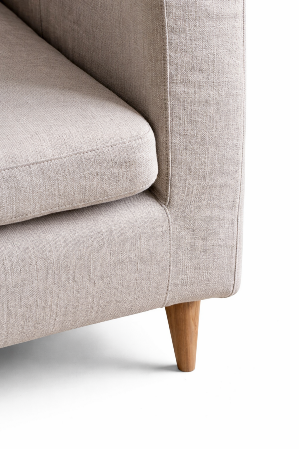 sheesham wood fabric sofa side view clean lines rustic woods jodhpur
