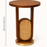 solid sheesham wood side table round top cane detail walnut finish rustic woods jodhpur
