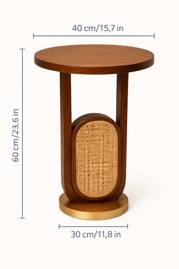 solid sheesham wood side table round top cane detail walnut finish rustic woods jodhpur