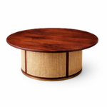 solid wood coffee table round top natural rattan drum base rustic woods jodhpur