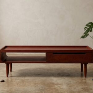 mango wood coffee table drawer open shelf front view rustic woods jodhpur