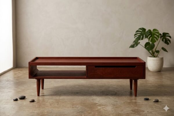 mango wood coffee table drawer open shelf front view rustic woods jodhpur