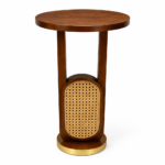 sheesham wood side table side view oval cane panel brass ring base rustic woods