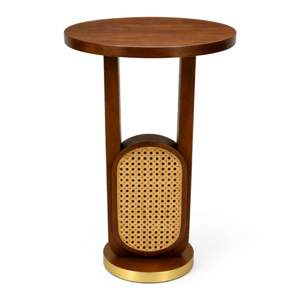 sheesham wood side table side view oval cane panel brass ring base rustic woods