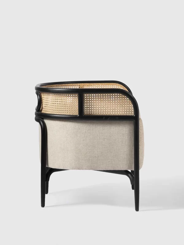 sheesham wood barrel arm chair black finish cream fabric rustic woods jodhpur