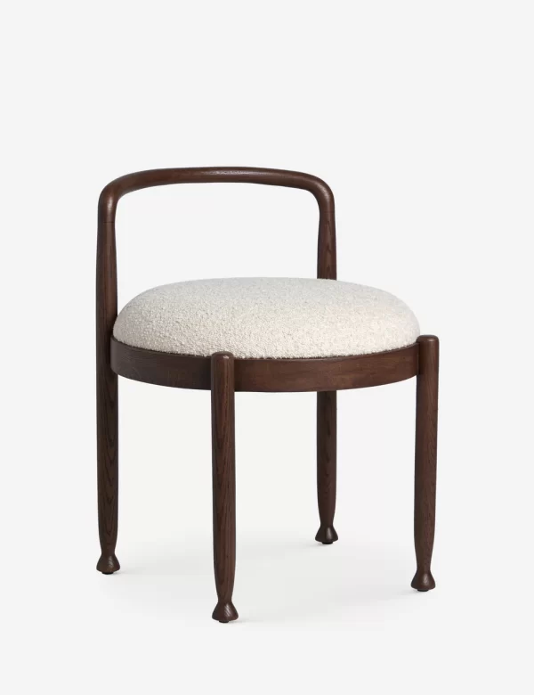 sheesham wood stool with curved back rail cream bouclé seat rustic woods