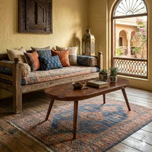 sheesham wood oval coffee table dimensions 120x60x46cm tapered legs rustic woods jodhpur
