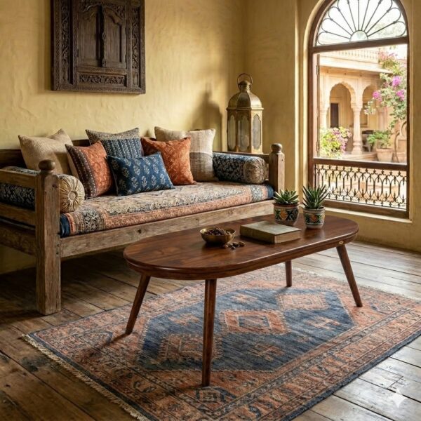 sheesham wood oval coffee table dimensions 120x60x46cm tapered legs rustic woods jodhpur