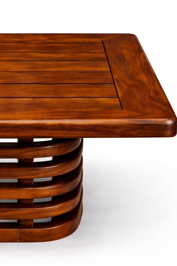 solid wood coffee table side view horizontal slat base rustic woods