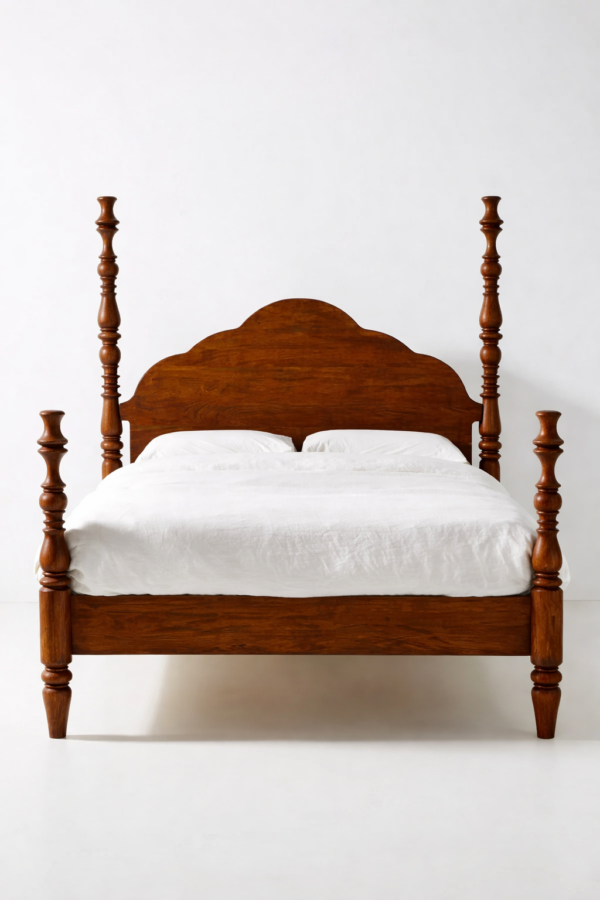 sheesham wood poster bed hand turned posts scalloped headboard rustic woods jodhpur