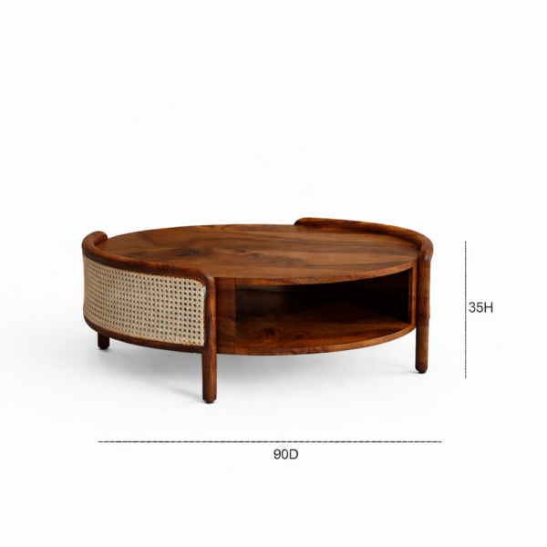 sheesham wood round coffee table lower shelf storage side view rustic woods