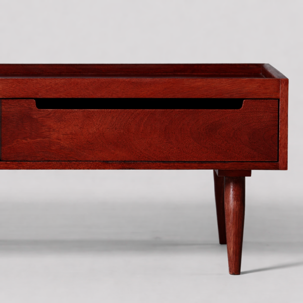 mango wood coffee table side view tapered legs open compartment rustic woods