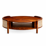 solid sheesham wood round coffee table walnut finish cane panel rustic woods jodhpur