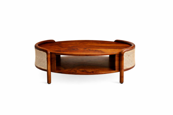 solid sheesham wood round coffee table walnut finish cane panel rustic woods jodhpur