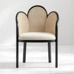 mango wood arm chair flower shaped cane back upholstered seat rustic woods