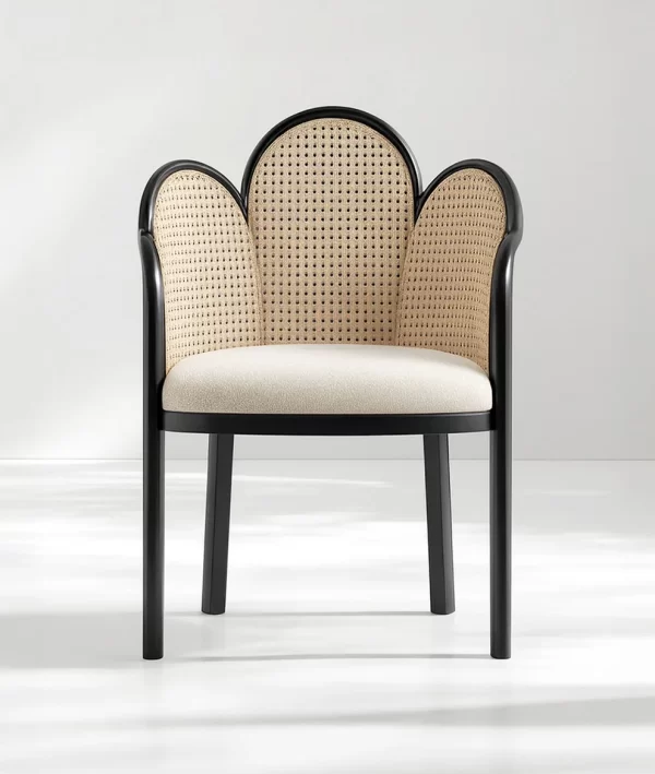 mango wood arm chair flower shaped cane back upholstered seat rustic woods
