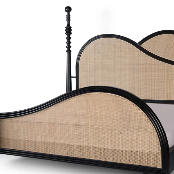 olid wood poster bed side view curved cane panels matt black rustic woods