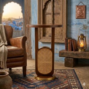 sheesham wood side table cane panel brass base front view rustic woods jodhpur