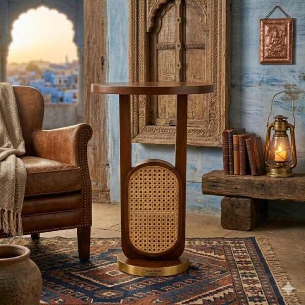 sheesham wood side table cane panel brass base front view rustic woods jodhpur
