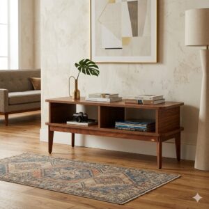 sheesham wood console table open shelves lifestyle room rustic woods jodhpur