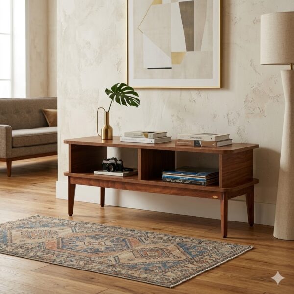 sheesham wood console table open shelves lifestyle room rustic woods jodhpur