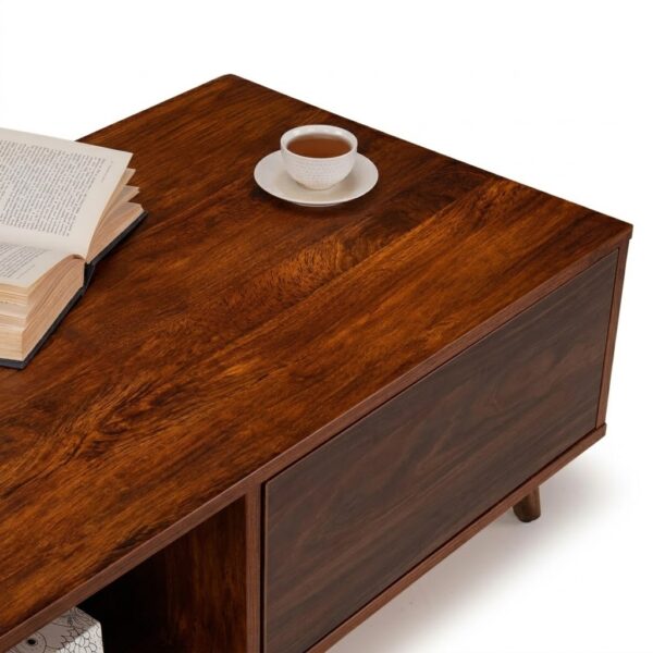 sheesham wood coffee table with drawer 140x40x45cm walnut finish rustic woods jodhpur