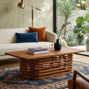 solid wood coffee table slatted base dimensions 120x65x38cm rustic woods jodhpur