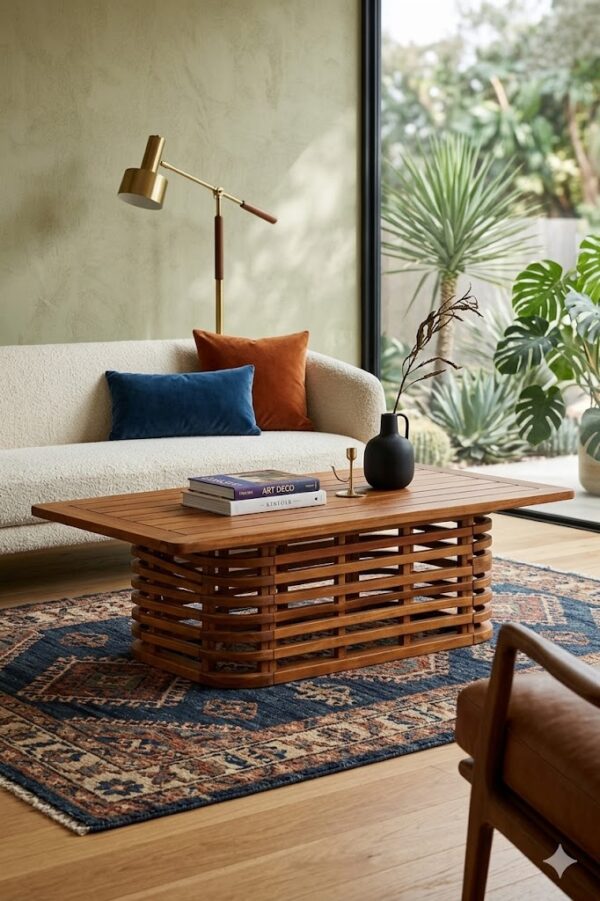 solid wood coffee table slatted base dimensions 120x65x38cm rustic woods jodhpur