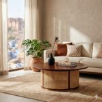 solid wood round coffee table cane drum base brass ring front view rustic woods jodhpur