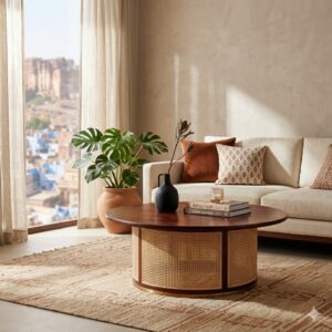 solid wood round coffee table cane drum base brass ring front view rustic woods jodhpur