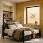 sheesham wood poster bed king size cane headboard black finish rustic woods jodhpur