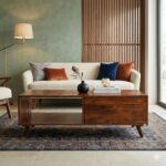 sheesham wood coffee table with drawer open shelf front view rustic woods jodhpur
