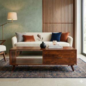 sheesham wood coffee table with drawer open shelf front view rustic woods jodhpur