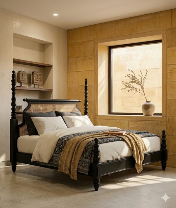 sheesham wood poster bed king size cane headboard black finish rustic woods jodhpur