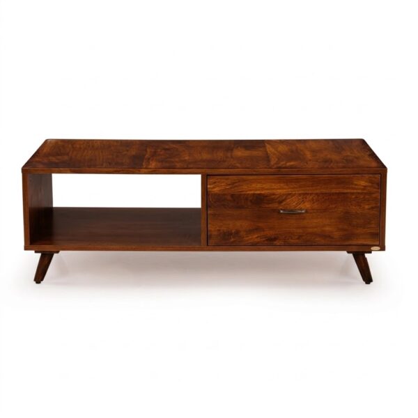 sheesham wood coffee table side view tapered legs open compartment rustic woods
