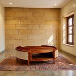 sheesham wood round coffee table cane panel lower shelf top view rustic woods jodhpur