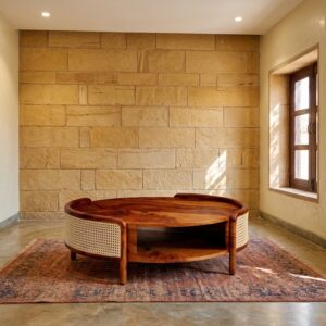 sheesham wood round coffee table cane panel lower shelf top view rustic woods jodhpur