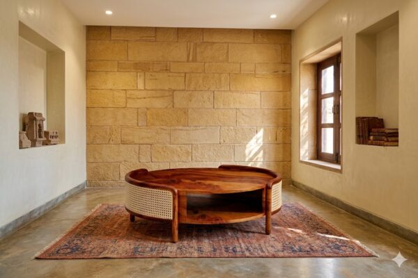 sheesham wood round coffee table cane panel lower shelf top view rustic woods jodhpur