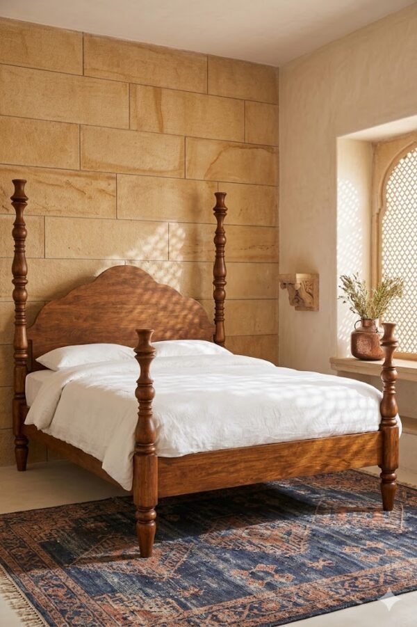 sheesham wood poster bed scalloped headboard lifestyle bedroom rustic woods jodhpur