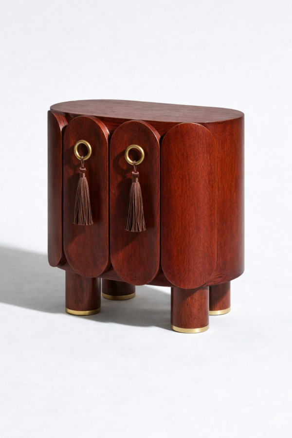 sheesham wood bedside cabinet cylindrical legs brass ferrule rustic woods