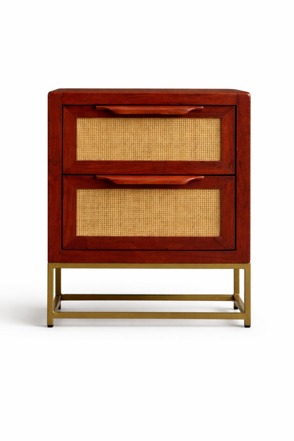 solid sheesham wood bedside table natural cane drawer fronts brass frame rustic woods jodhpur