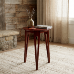 solid wood round side table sculpted three legs front view rustic woods jodhpur