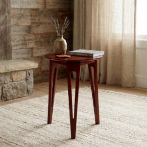 solid wood round side table sculpted three legs front view rustic woods jodhpur