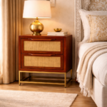 sheesham wood bedside table cane drawers brass base front view rustic woods jodhpur