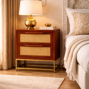 sheesham wood bedside table cane drawers brass base front view rustic woods jodhpur