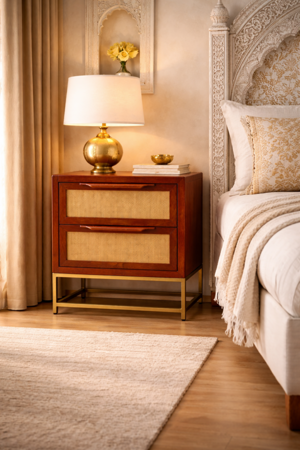 sheesham wood bedside table cane drawers brass base front view rustic woods jodhpur